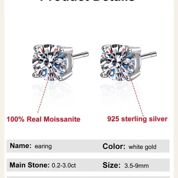 Moissanite Sparkling Silver  Stud Earrings with Gemstones - Picture 6 of 7